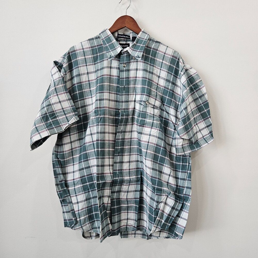 Gant Indian Madras Plaid Button Down Shirt XLT Green Grey Country Preppy Golf